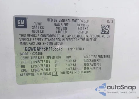 2017 Chevrolet Express 2500 Work Van from USA, damaged, VIN 1GCWGAFF8H1163878